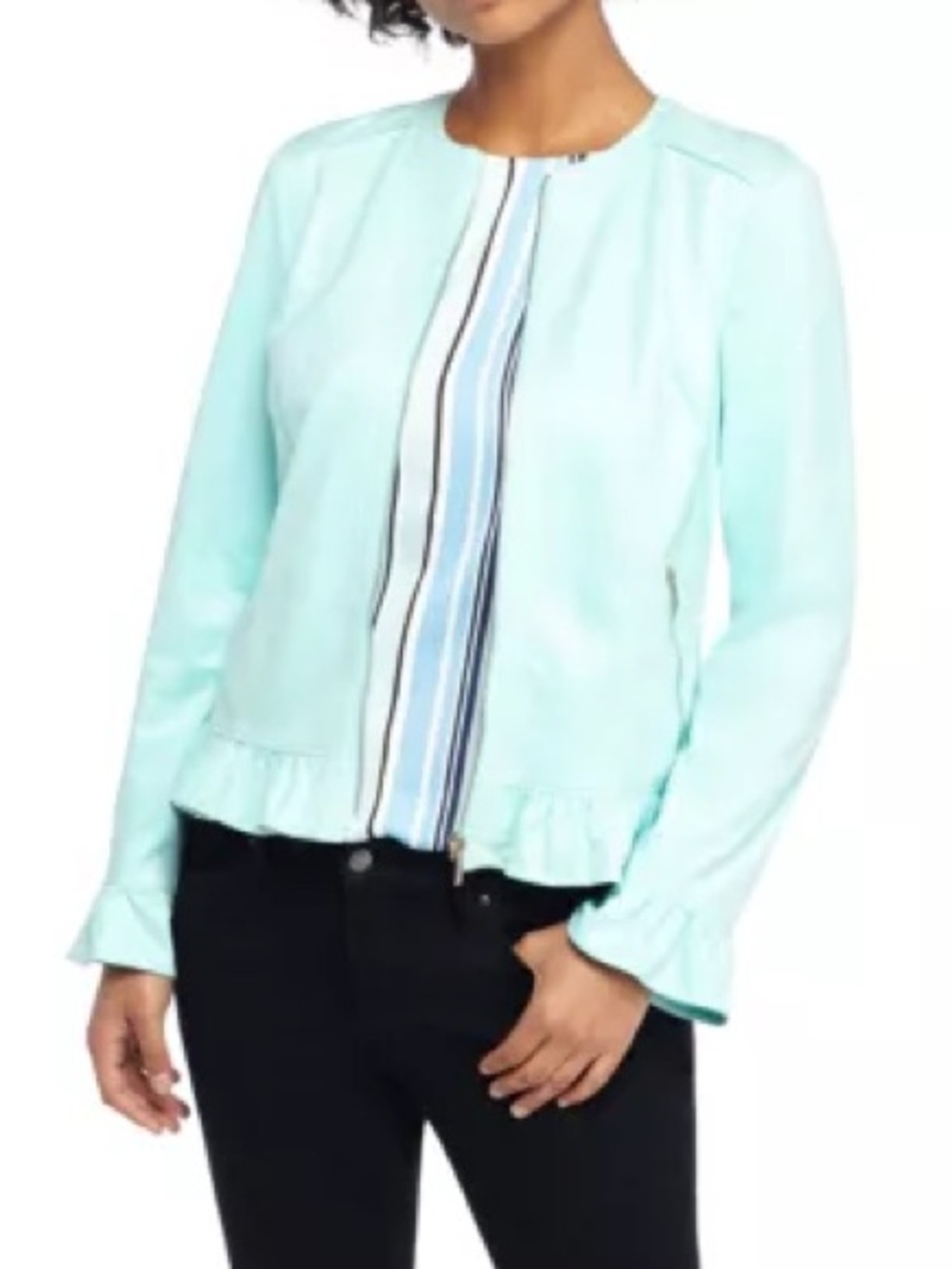 NWT The Limited Mint Blue Faux Suede Zip-Front Ruffle Hem Jacket